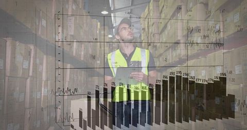 Warehouse Worker using Tablet with Data Visualization Overlay