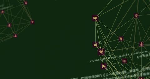 Interconnected Network Nodes with Digital Icons on Dark Interface