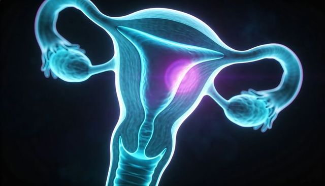 Glowing medical illustration of female reproductive system highlighting uterus and tubes