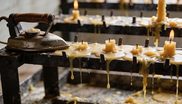 Melted beeswax candles dripping on iron rack with antique flat iron and golden glow
