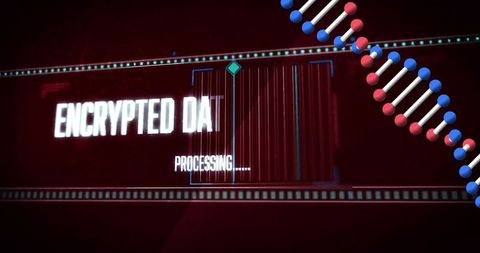 Displaying Futuristic Encrypted Data Processing Interface with DNA Helix and Barcode