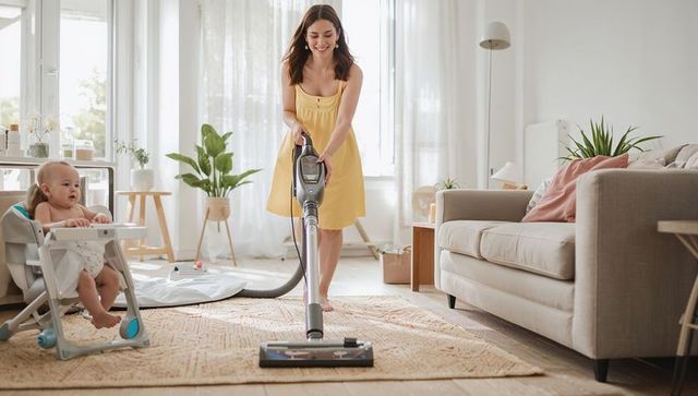 Young woman vacuuming bright living room with baby watching from high chair, home cleaning