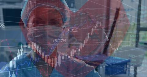 Surgeon Wearing Surgical Mask Against Stock Market Data Overlay