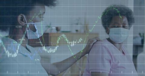 Nurse comforting senior patient wearing mask with medical data and charts overlay
