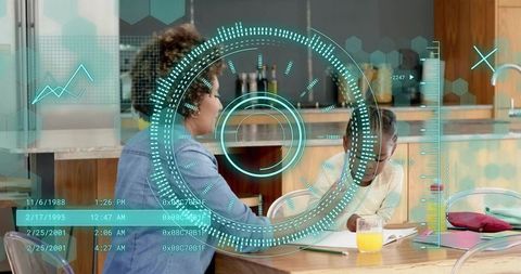 Caregiver tutoring child at kitchen table with futuristic hud overlay for study
