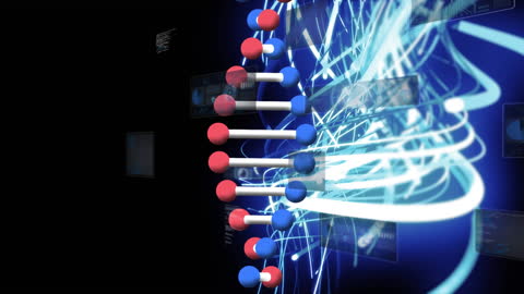 Animated DNA Strand Intertwined with Data Processing Visuals