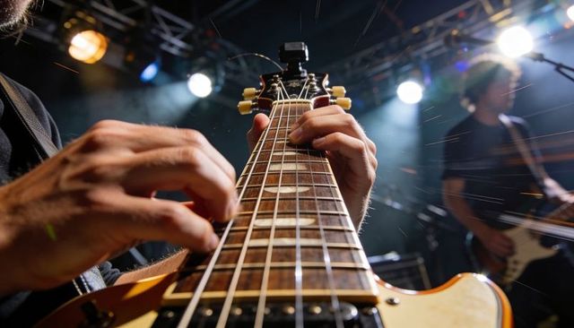 Close-up guitarist fretting electric guitar neck under dramatic stage lights with motion streaks