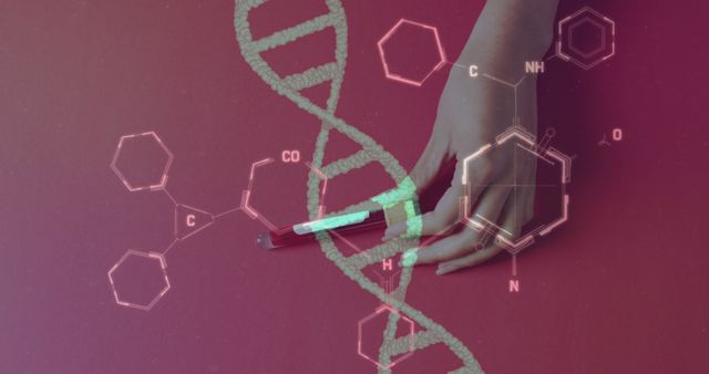 Image of chemical structures and dna strand over hand with test tube. Global medicine and digital interface concept digitally generated image.