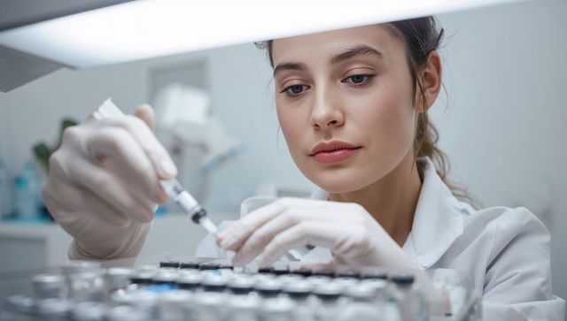 Laboratory technician drawing liquid from vial with syringe at sterile bench, clinical precision