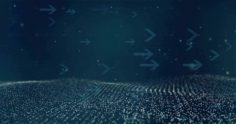 Abstract data wave field with glowing particles and directional arrow glyphs