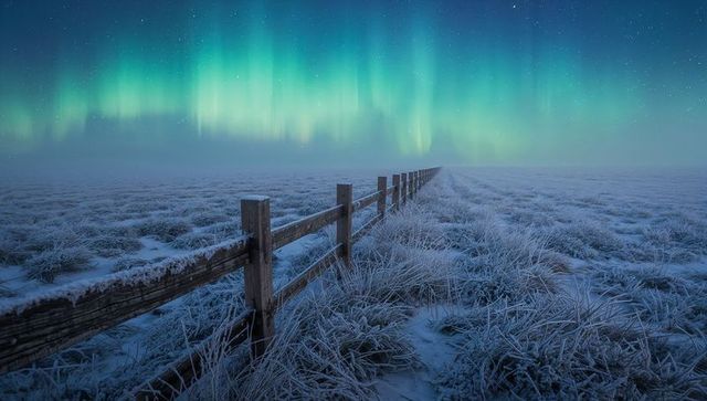 Worn wooden fence leading across frosty tundra toward vibrant northern lights starry sky
