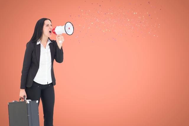 Digital composite of Digital composite image of businesswoman shouting on megaphone emitting confetti against orange back