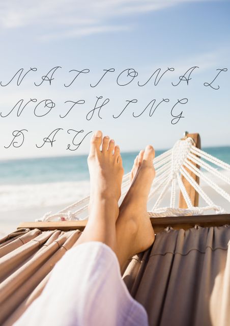 Text over low section of caucasian young woman with cross legged relaxing on hammock against sky. digital composite, text, communication, relaxation, sunny, nature, sky and nothing day concept.