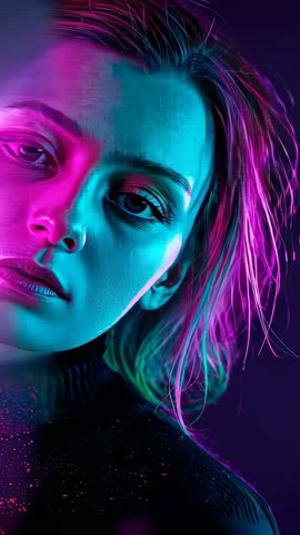 Neon Magenta-Cyan Vertical Portrait Video Tilting Model in Pulsing Studio Lights, Closeup Fashion