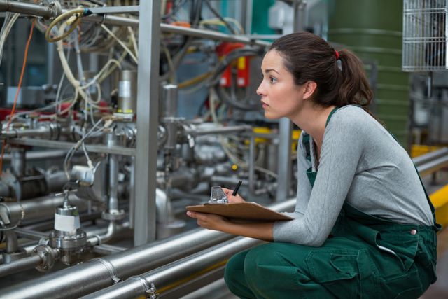 Female factory worker maintaining record on clipboard in drinks production factory