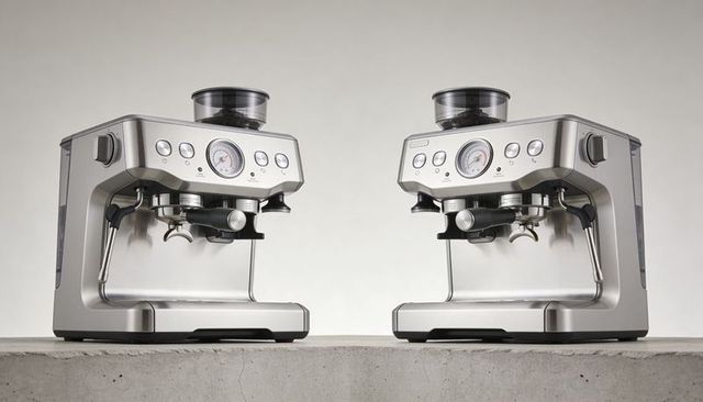 Pair of stainless steel espresso machines featuring built-in grinder and pressure gauge on concrete