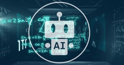 Glowing ai robot icon projecting mathematical formulas in futuristic virtual corridor