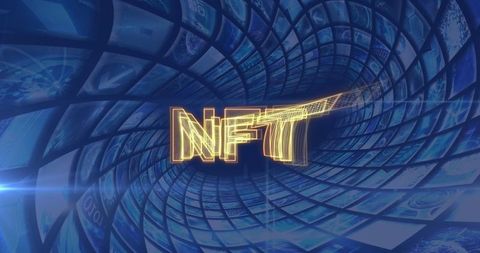 Futuristic NFT Concept with Digital Screens and Tech Tunnel