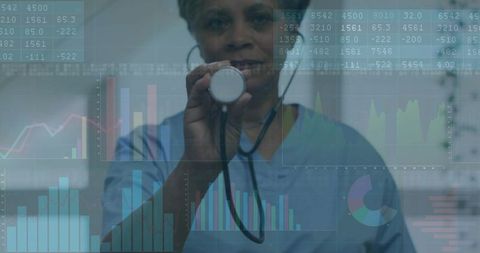 Female clinician holding stethoscope to camera with healthcare data visualization overlay