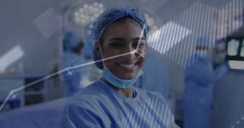 Smiling Female Surgeon with Team in Action Amidst High-Tech Surgery