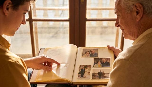 Grandfather and grandson reminiscing over family album on sunlit window seat
