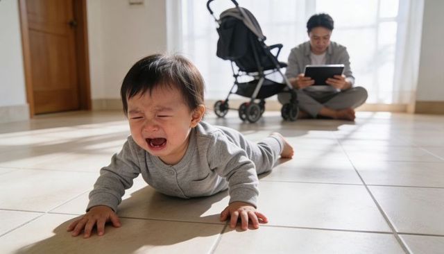Crying toddler crawling on sunlit tile floor while parent using tablet near stroller