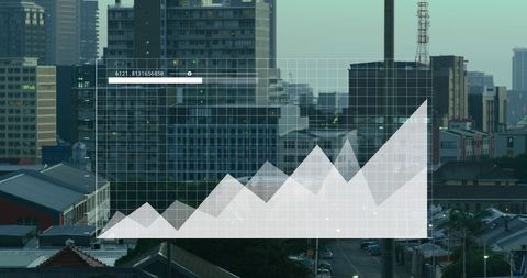 Financial Data Analytics Overlaying Urban Cityscape at Dusk