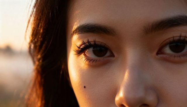 Close-up asian woman golden hour portrait highlighting lashes, eyebrows and beauty mole