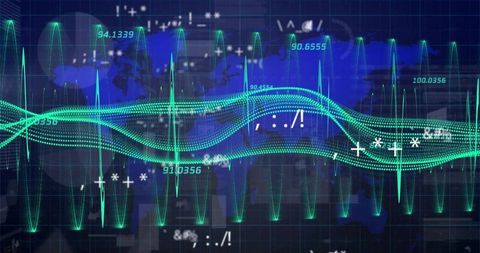 Futuristic teal and green waveform analytics dashboard with pulsating data streams