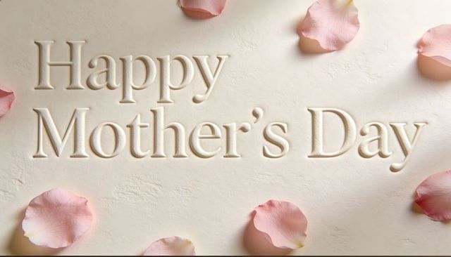 Happy mother's day embossed lettering with pale pink rose petals on ivory texture