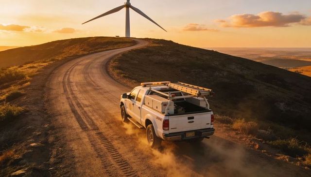 White service pickup driving dusty ridge access road toward wind turbine at golden hour