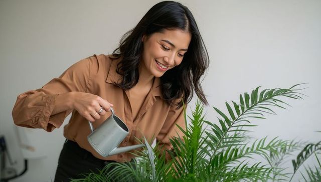 Smiling woman watering indoor palm with metal can, minimalist home plant care routine