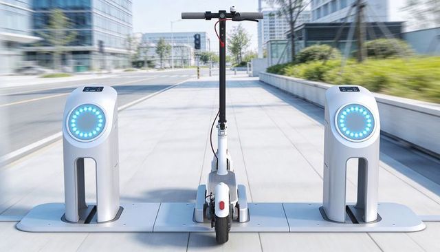 Docked white electric scooter charging at smart urban station with blue led rings
