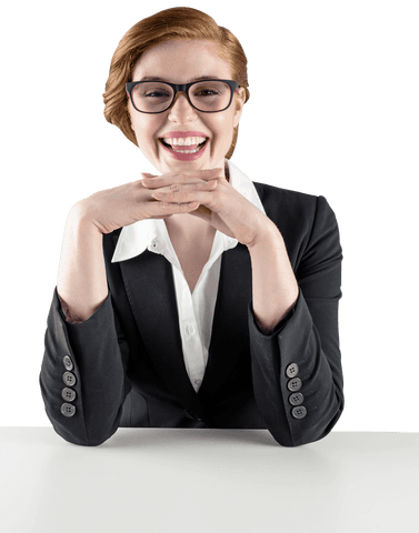Cheerful redhead businesswoman in transparent office attire