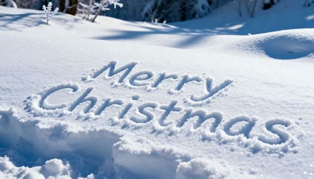 Merry Christmas lettering lying in sparkling snow on winter forest clearing