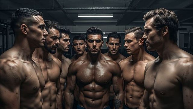Dominant Fit Leader Surrounded by Muscular Men Under Dramatic Gym Lighting High-Contrast