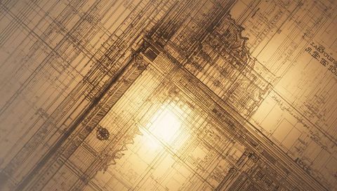 Sepia architectural blueprint with intricate technical linework, grid labels and warm glare