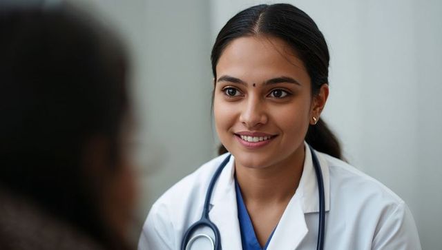 Female doctor making direct eye contact while consulting patient in clinic