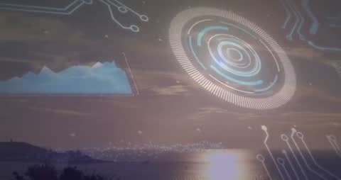 Futuristic Data Overlay with Digital Art on Sunset