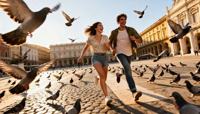 Couple running through pigeons on sunlit european piazza, joyful travel moment