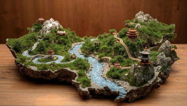 Intricate miniature diorama with pagodas and serene winding river