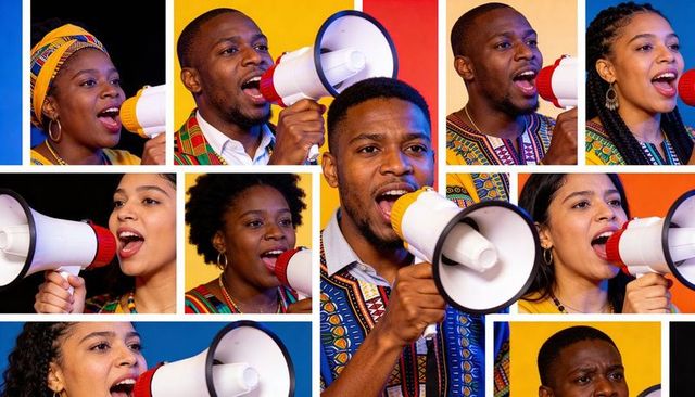 Activists shouting through megaphones in vibrant patterned collage portraits
