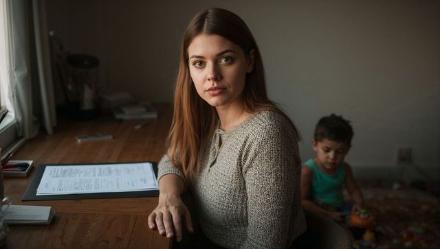 Young mother reviewing documents at wooden desk while child plays in background