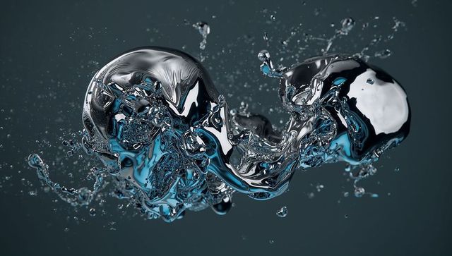 Fluid metallic swirl droplets on dark studio background