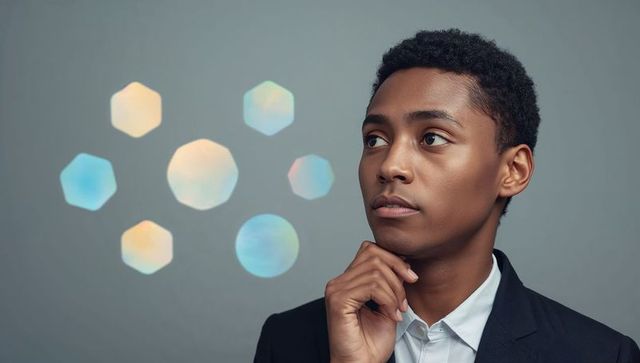 Thoughtful young professional gazing left with geometric pastel bokeh business portrait