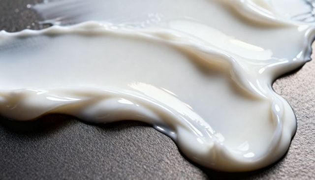 Spreading glossy white cream smear on dark slate surface with flowing ridges and highlights