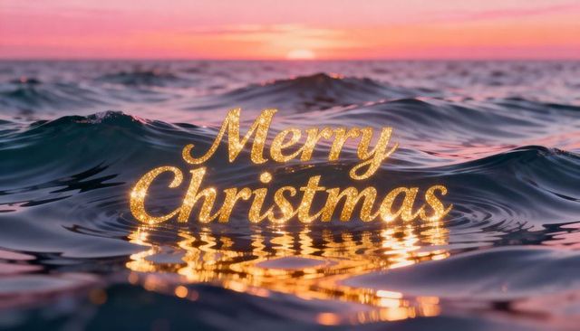 Glittering Golden Merry Christmas Text Floating on Ocean at Sunset