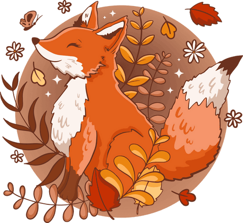 Cute red fox sitting with autumn foliage and teal highlights