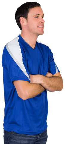 Smiling man in blue jersey posing on transparent background