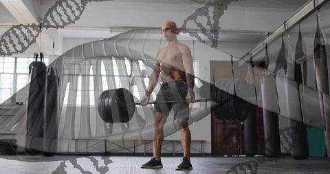 Muscular man deadlifting heavy weights in gym illustrated with dna structure